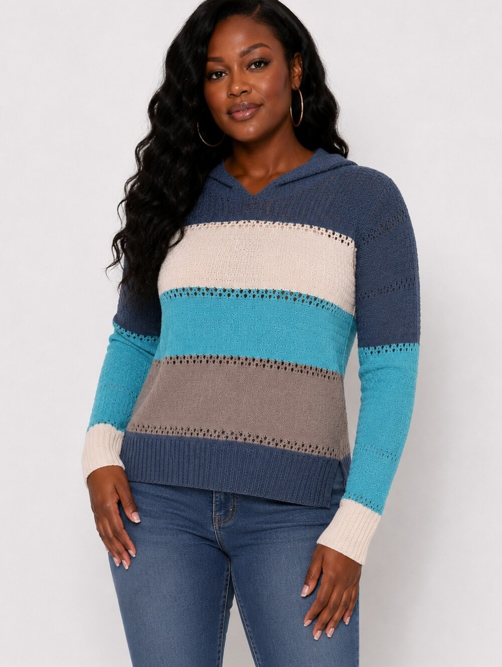 Striped Knit Hoodie Sweater in Blue, Cream & Teal